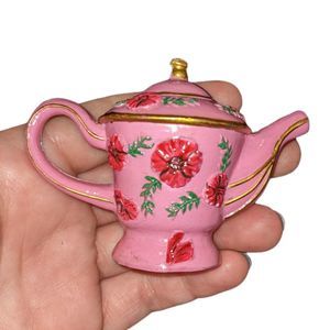 Miniature Teapot Figurine | Pink with Red Flowers